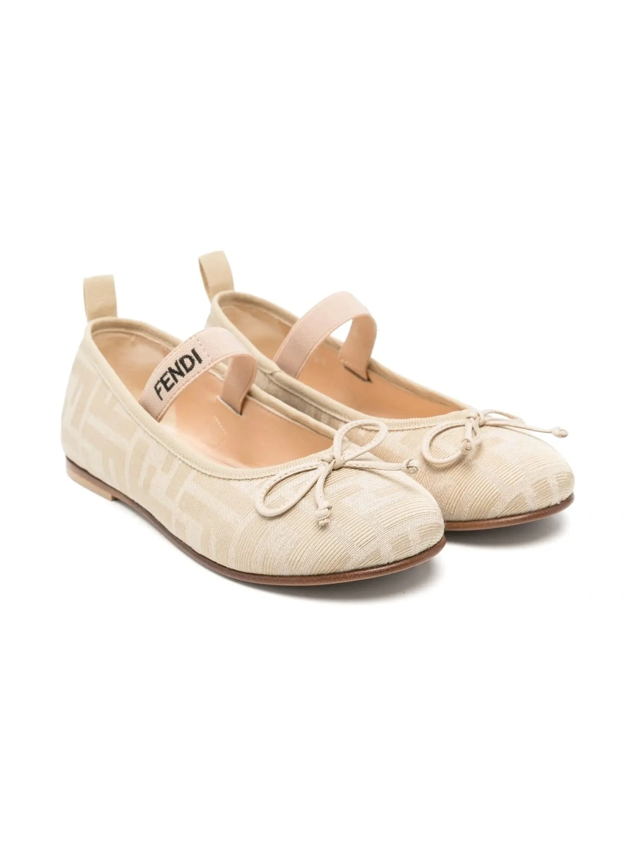 Balerini FF Ballet Shoes with Logo Strap and All-Over FF Motif in Beige Fabric for Girls - Img 7