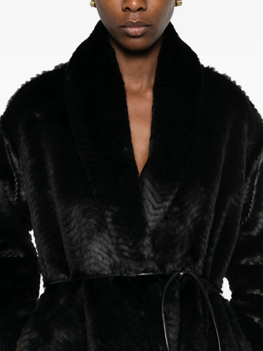 Blanuri Black shearling jacket with front belt in eco fur for women - Img 7