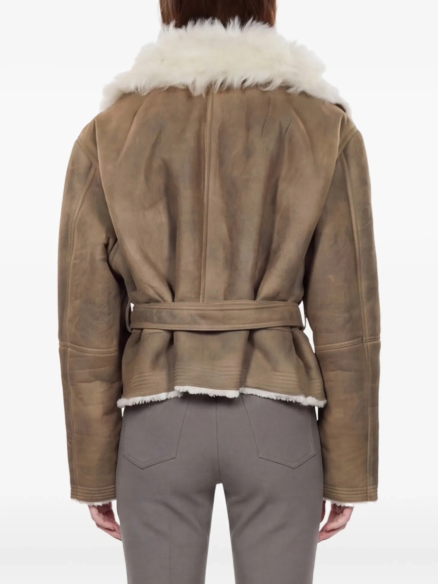 Blanuri Gray High-neck cropped shearling jacket with off-center zip closure and front belt in suede for women - Img 6