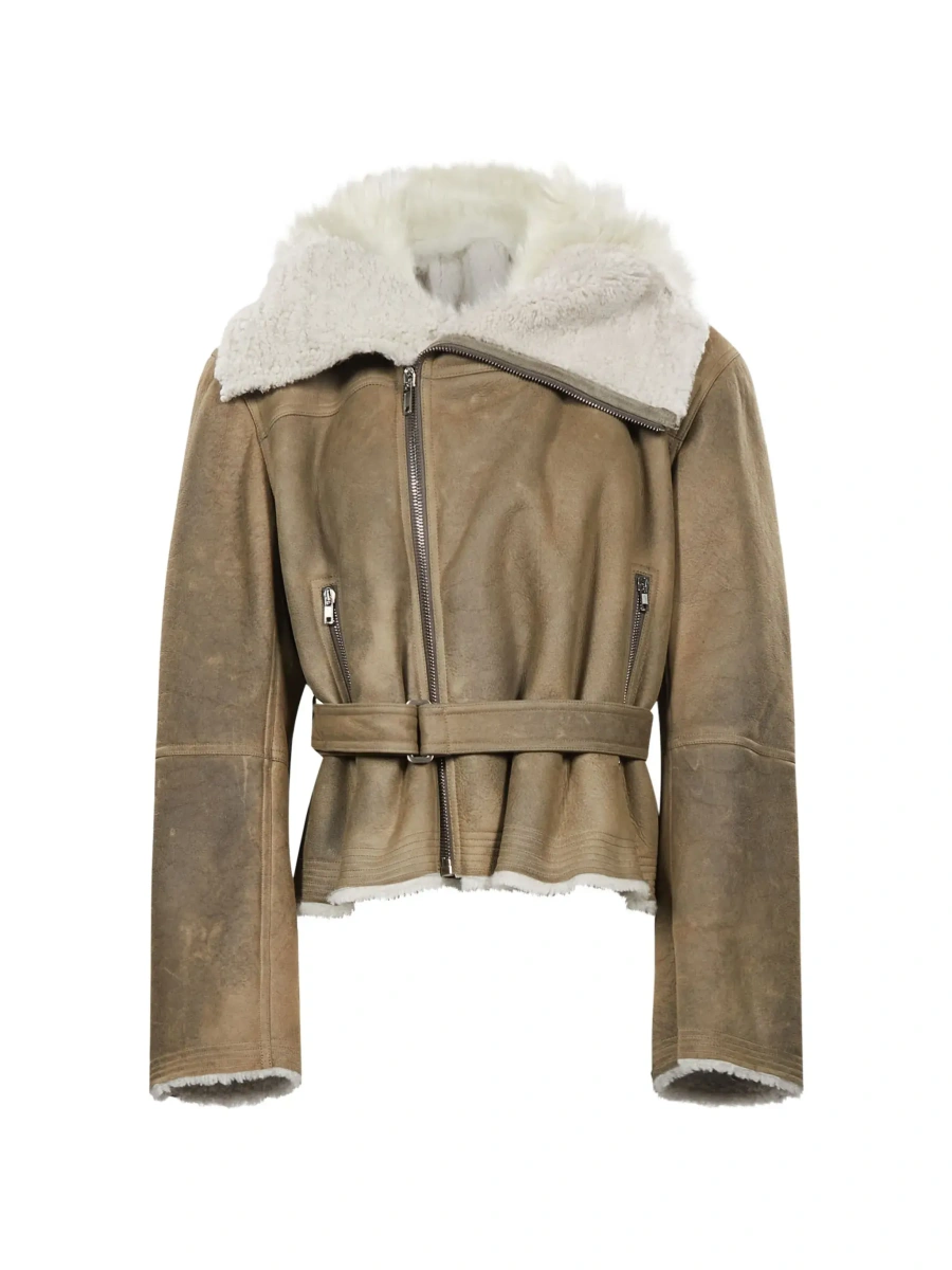 Blanuri Gray High-neck cropped shearling jacket with off-center zip closure and front belt in suede for women - Img 7