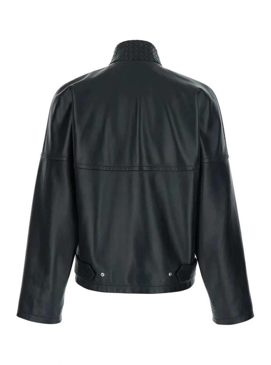 Bomber Black Bomber jacket with high collar with Intreccio design in leather for men - Img 2