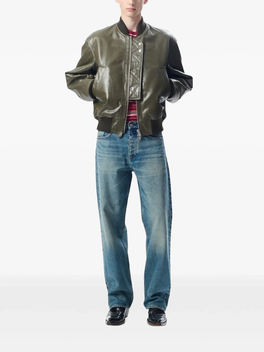 Bomber Bomber Jacket with Two Welt Pockets on the Front in Green Leather for Men - Img 4