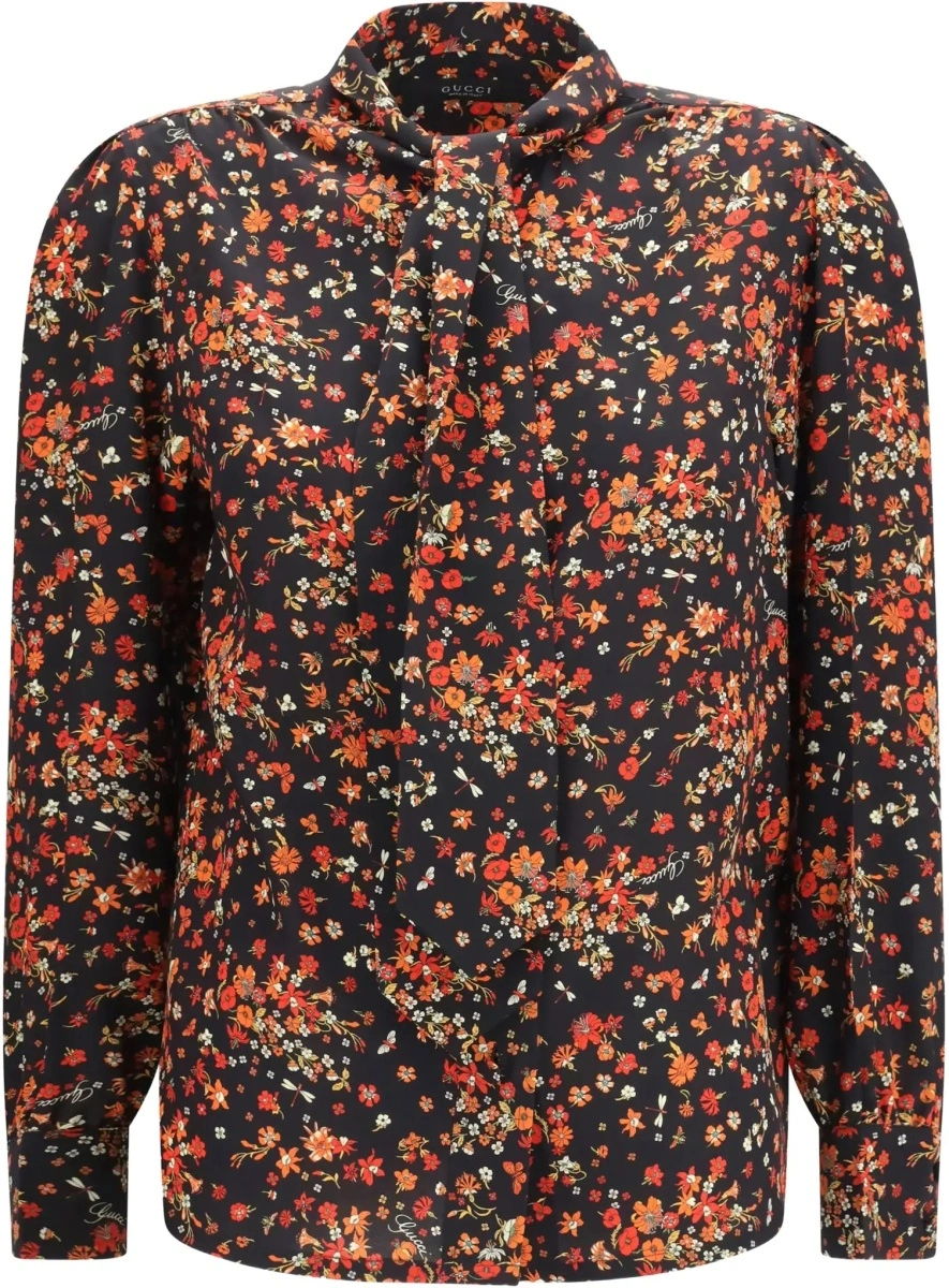 Camasa casual Silk Flora print Shirt with neck bow - Img 6