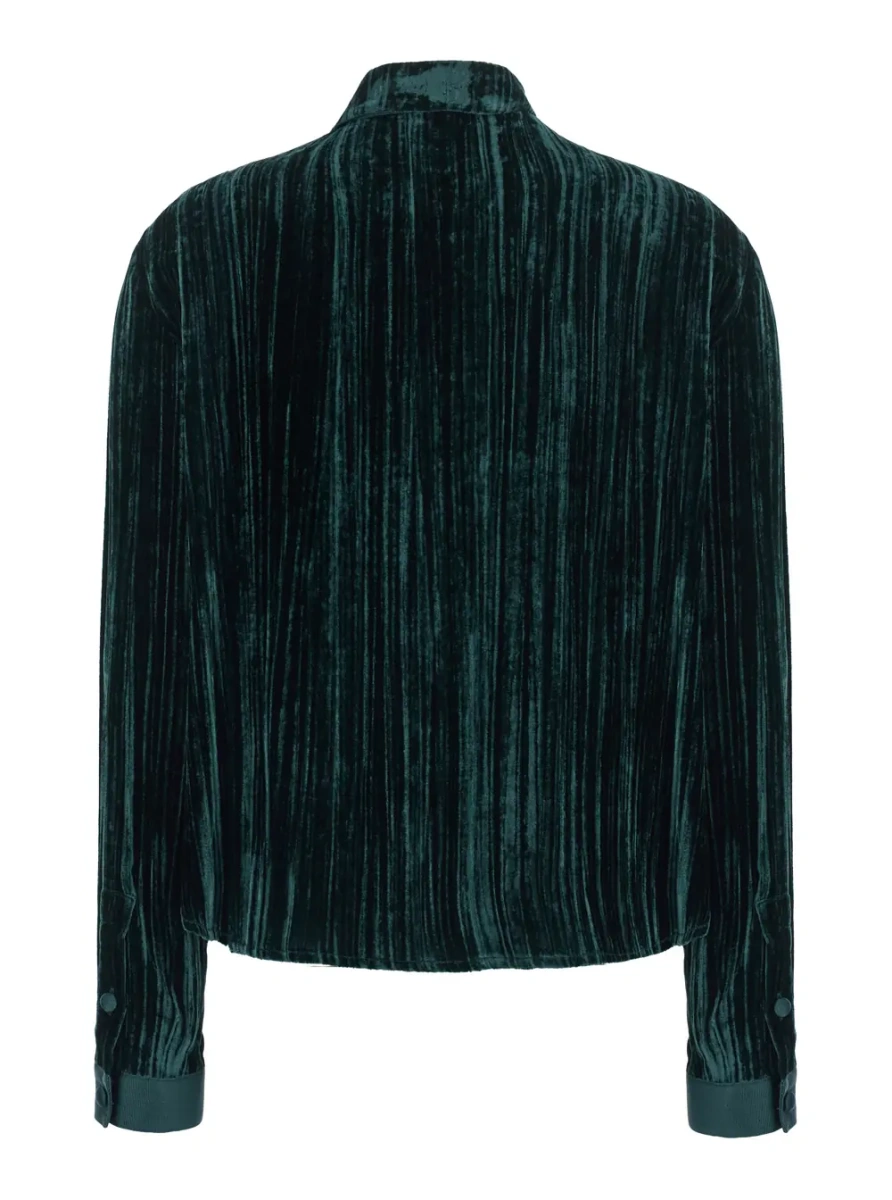 Camasa Green shirt with classic collar in velvet for women - Img 2