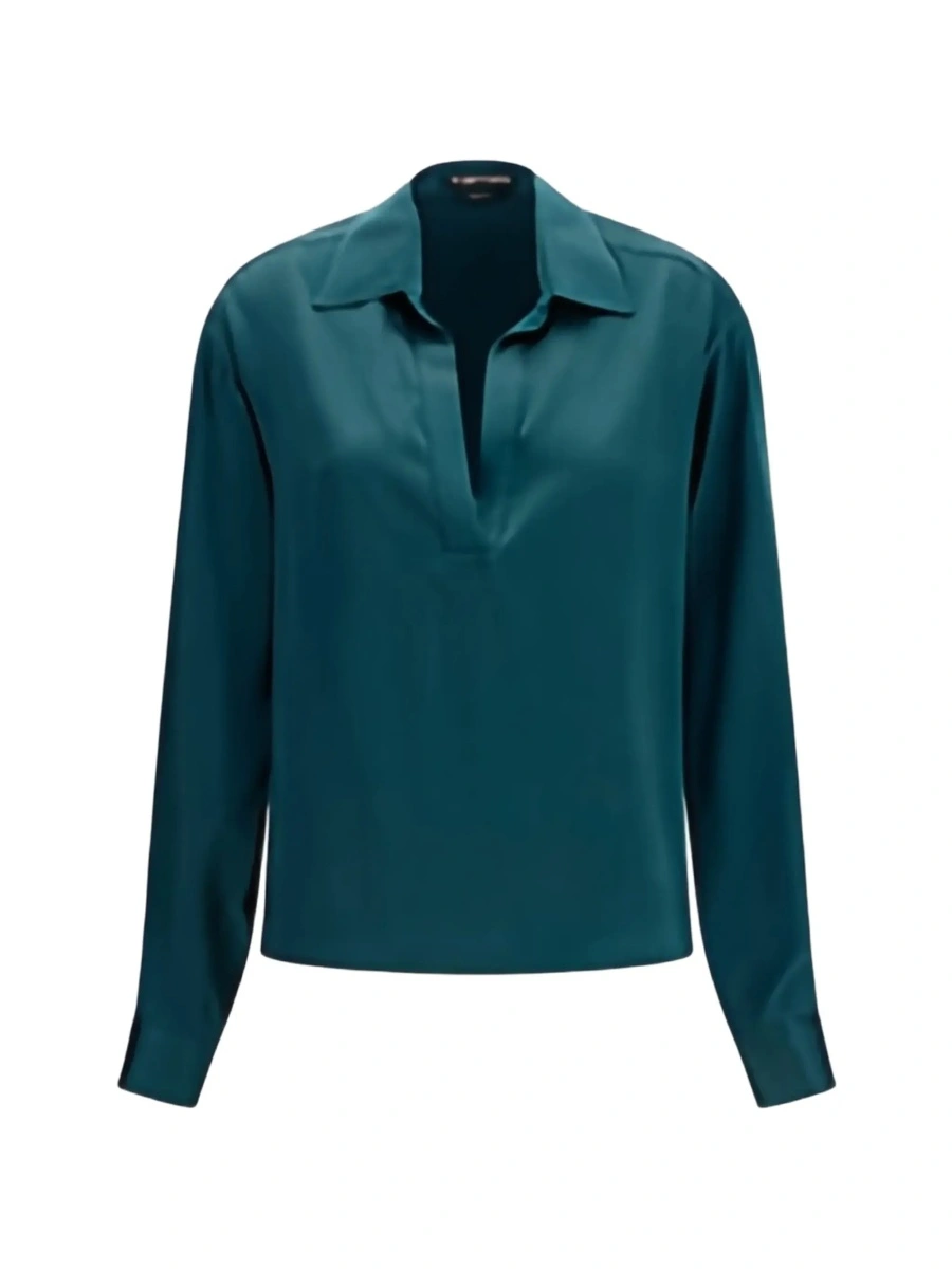 Camasa Green Shirt with wide collar and V-neck in silk for women - Img 6