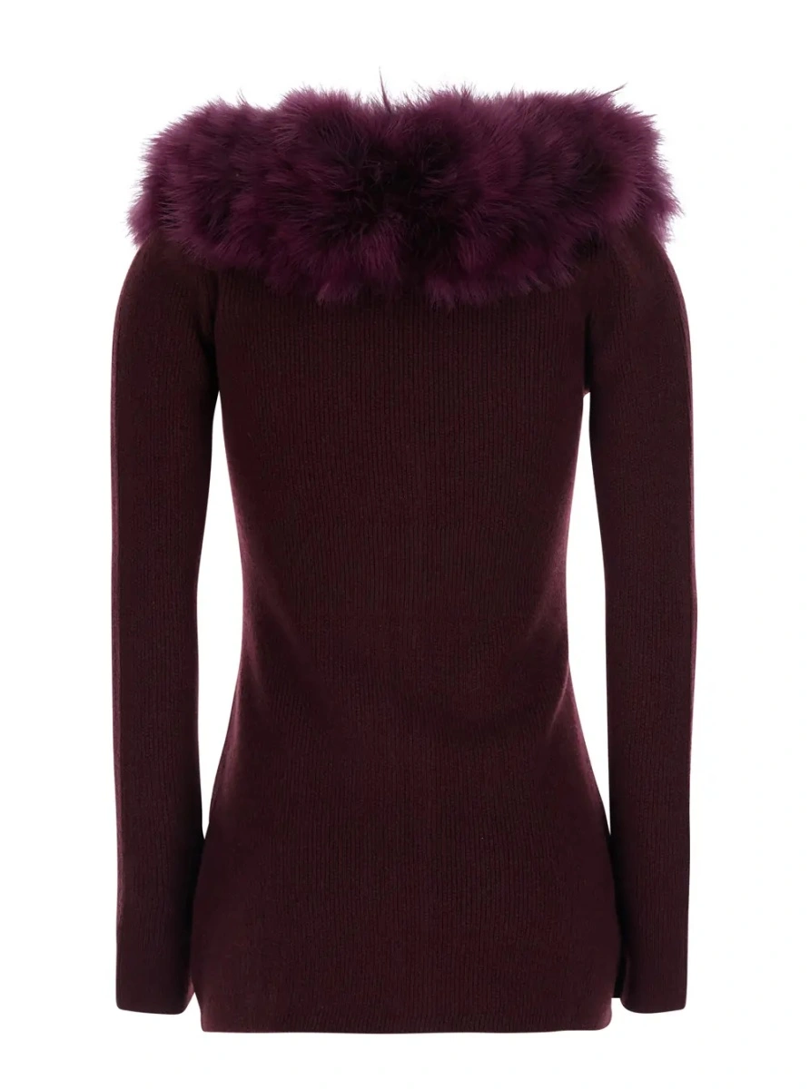 Cardigane Bordeaux Cardigan with V Neck and Removable Fur Collar in Wool for Women - Img 2