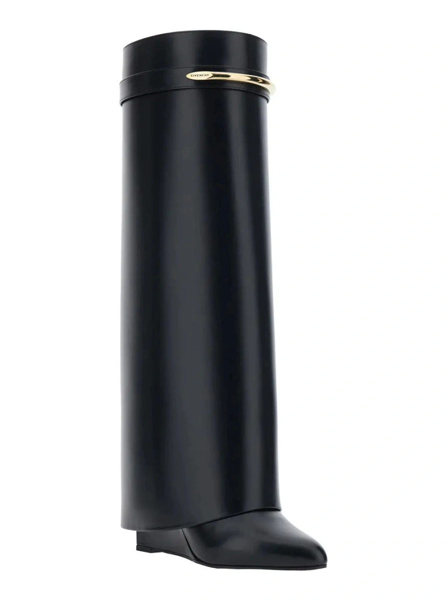 Cizme High Wedge Heeled 'Shark' Pointed Boots with Logo Plate on the Front in Black Leather for Women - Img 2