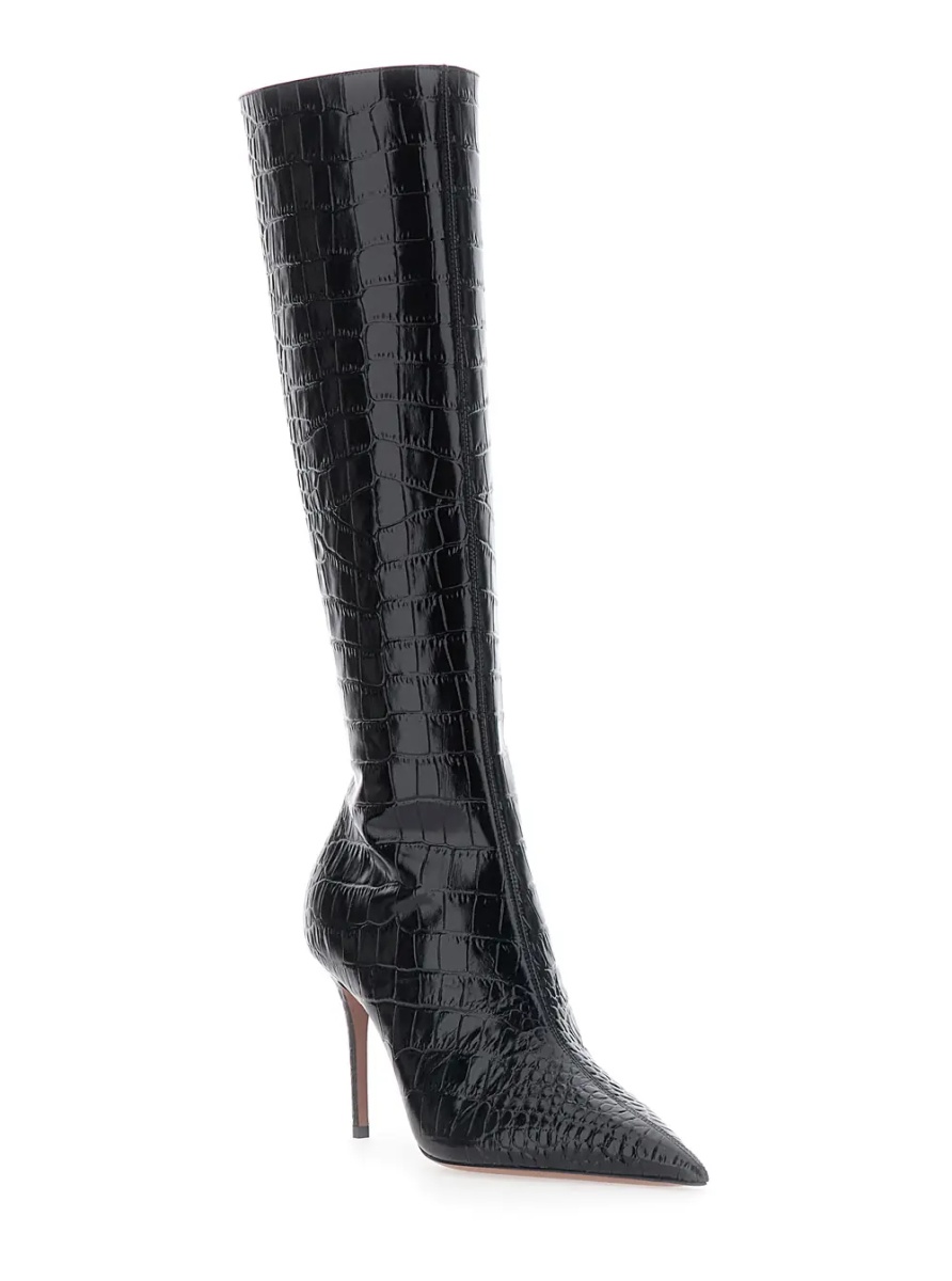 Cizme 'Vera' black Boots with pointed design in crocodile effect leather for women - Img 2