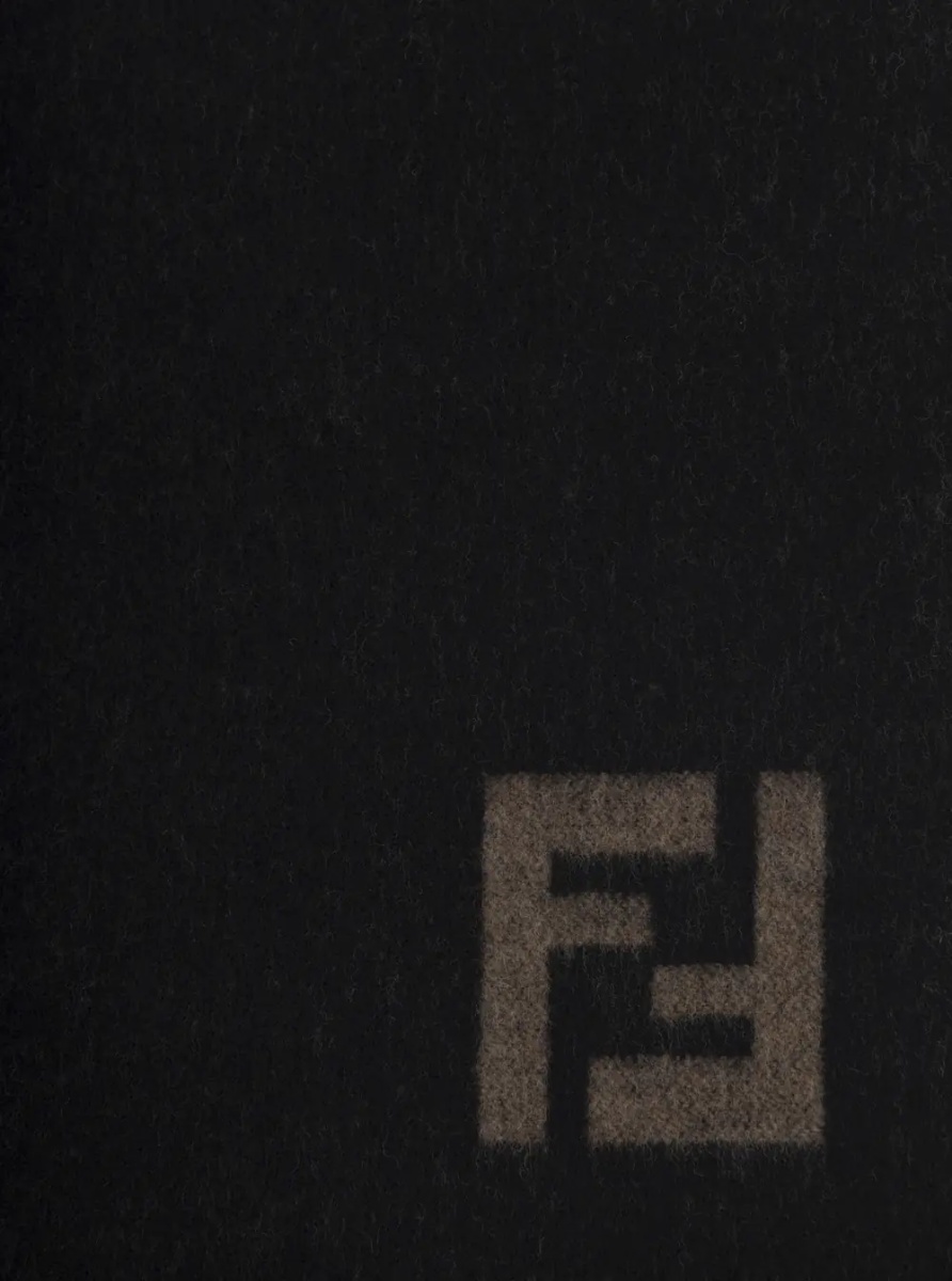 Esarfa Fringed Edge Scarf with FF Embroidery on Front in Black Wool and Cashmere for Men - Img 2