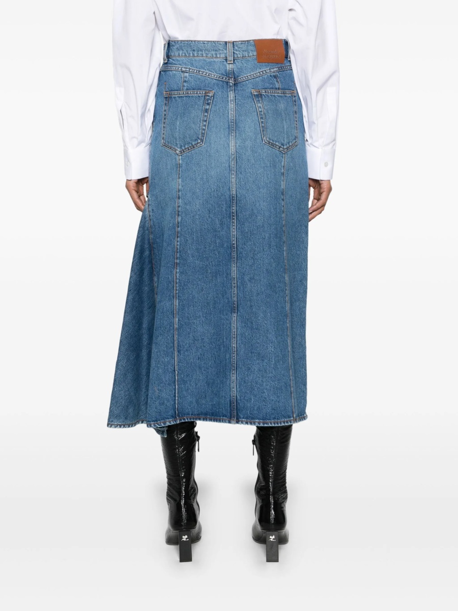 Fusta Alexander McQueen Slash albastra din piele si bumbac - Img 4