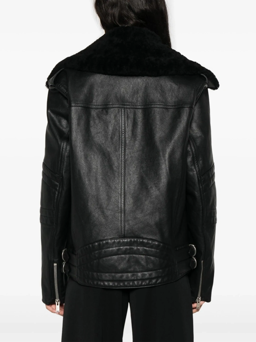 Geaca biker Saint Laurent neagra din piele si blana - Img 4