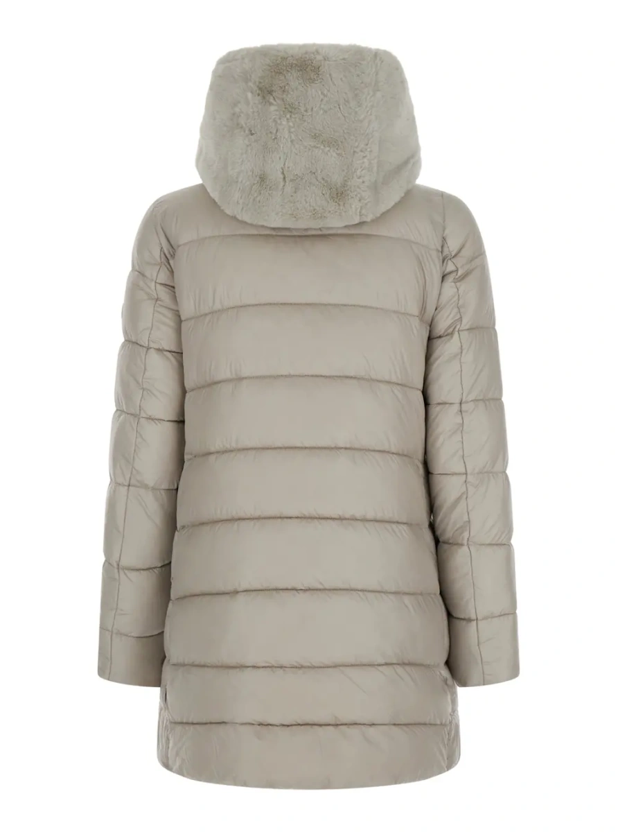Geaca de Iarna Long Down Jacket with Hood and Pockets, Tech Fabric, Beige, Women - Img 2