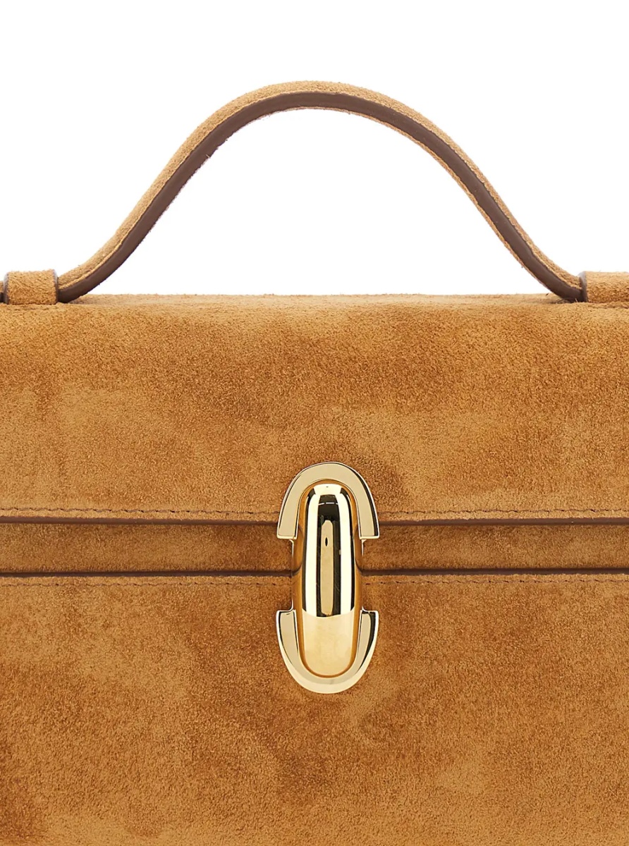 Geanta de mana 'Symmetry' Brown Slim Handbag with Top Handle and Turnlock Closure in Suede for Women - Img 3