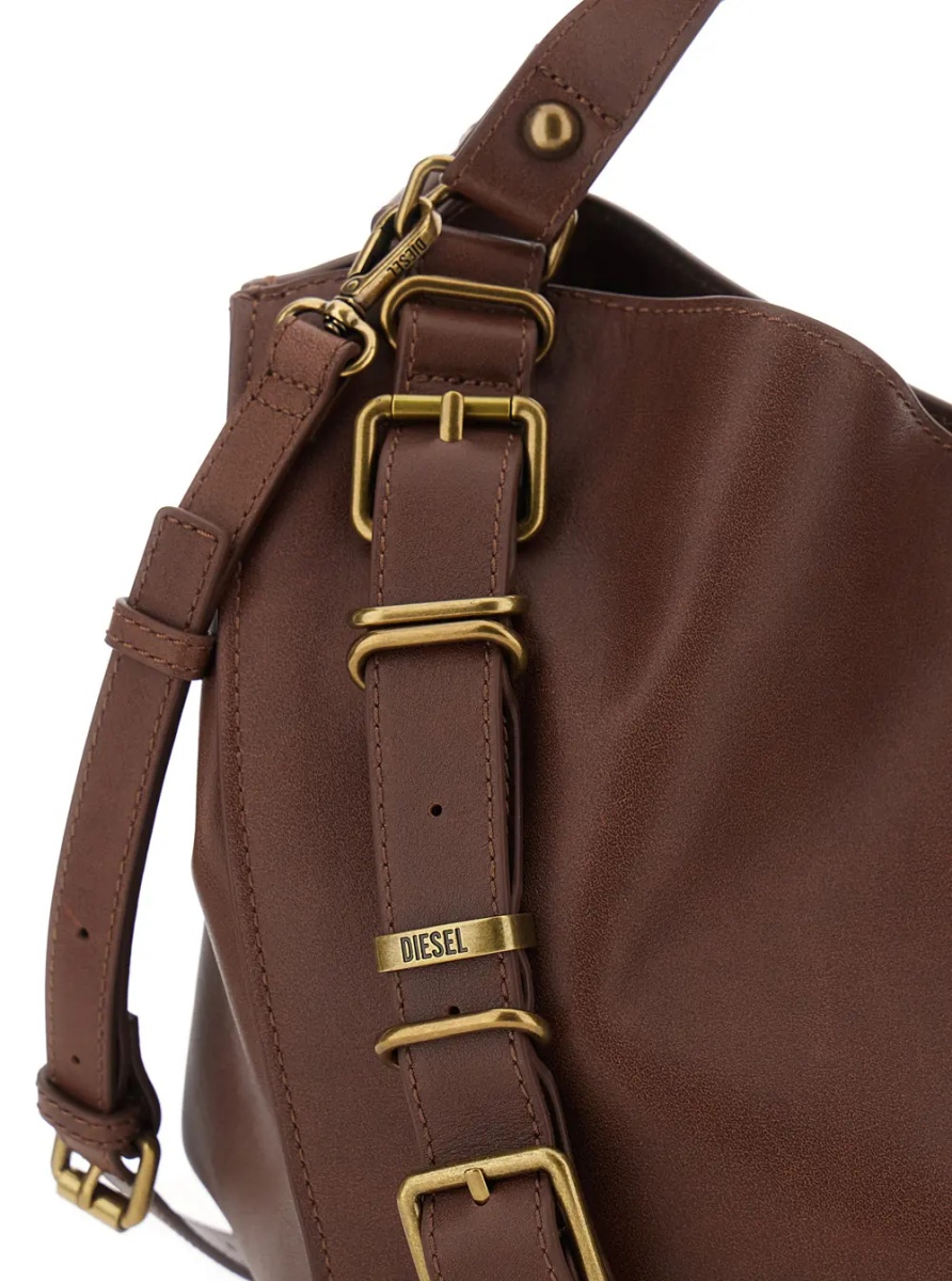 Geanta de umar D-ONE TOPHANDLE MEDIUM Shoulder Bag with Metal Details and Logo Brown Unisex - Img 3