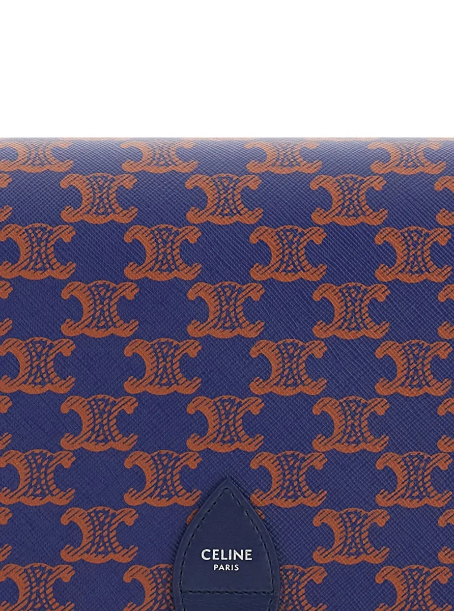 Geanta de umar Small 'Folco' Crossbody Bag with Adjustable Strap and Logo on Front in Triomphe Canvas and Blue Leather for Women - Img 3