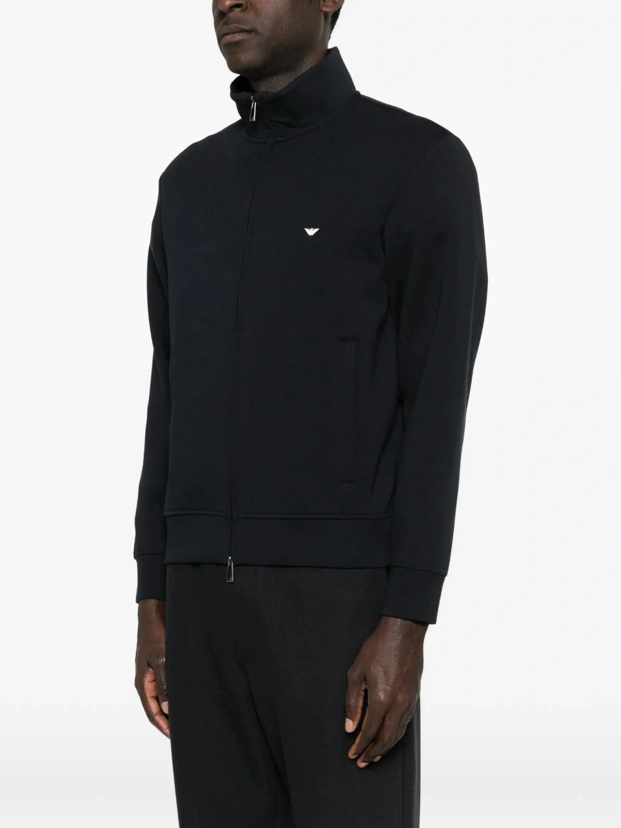 Hanorace Blue High Neck Sweatshirt with Logo Embroidery on the Front and Zip Closure on the Front in Cotton Blend for Men - Img 5