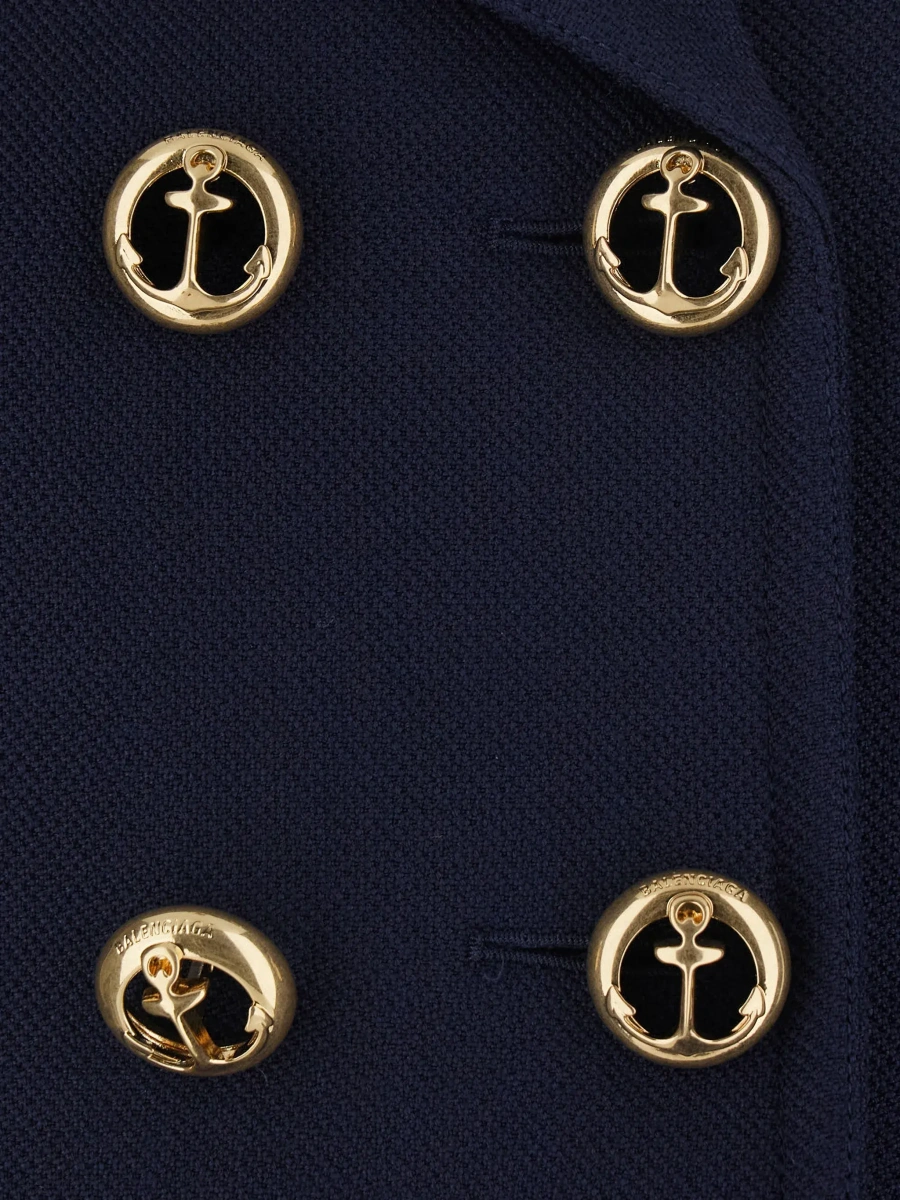 Jacheta Blue Cropped Jacket with Wide Notched Revers and Halfbelt in Wool for Women - Img 5