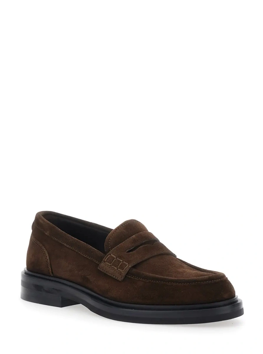 Mocasini Brown Loafers with logo plate on the back in suede for women - Img 2