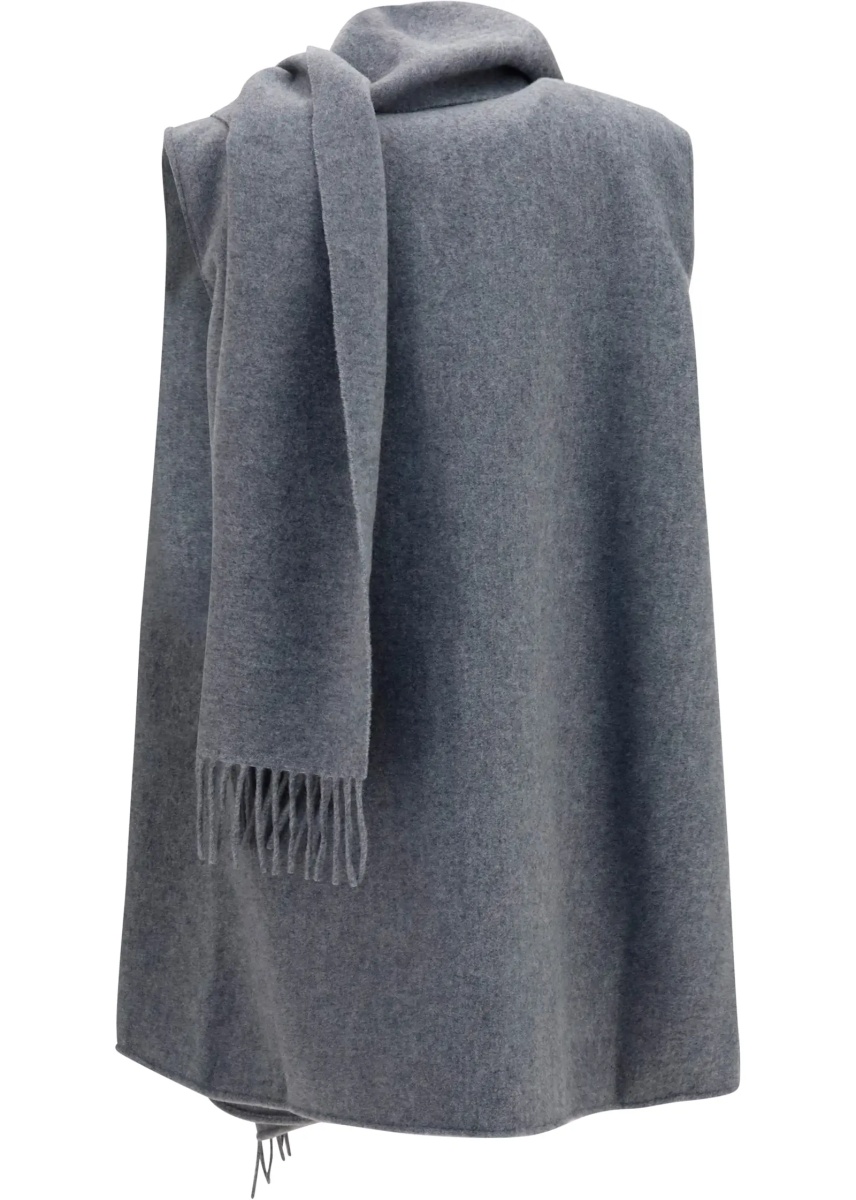 Paltoane High-neck wool Cape with concealed closure and fringes - Img 2