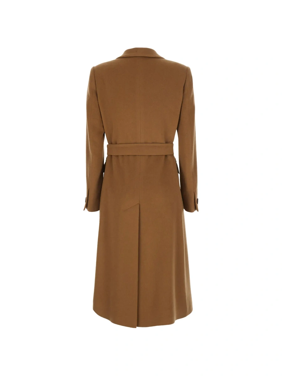 Palton Beige Double-breasted coat with Peak revers and front belt in wool and cashmere for women - Img 4