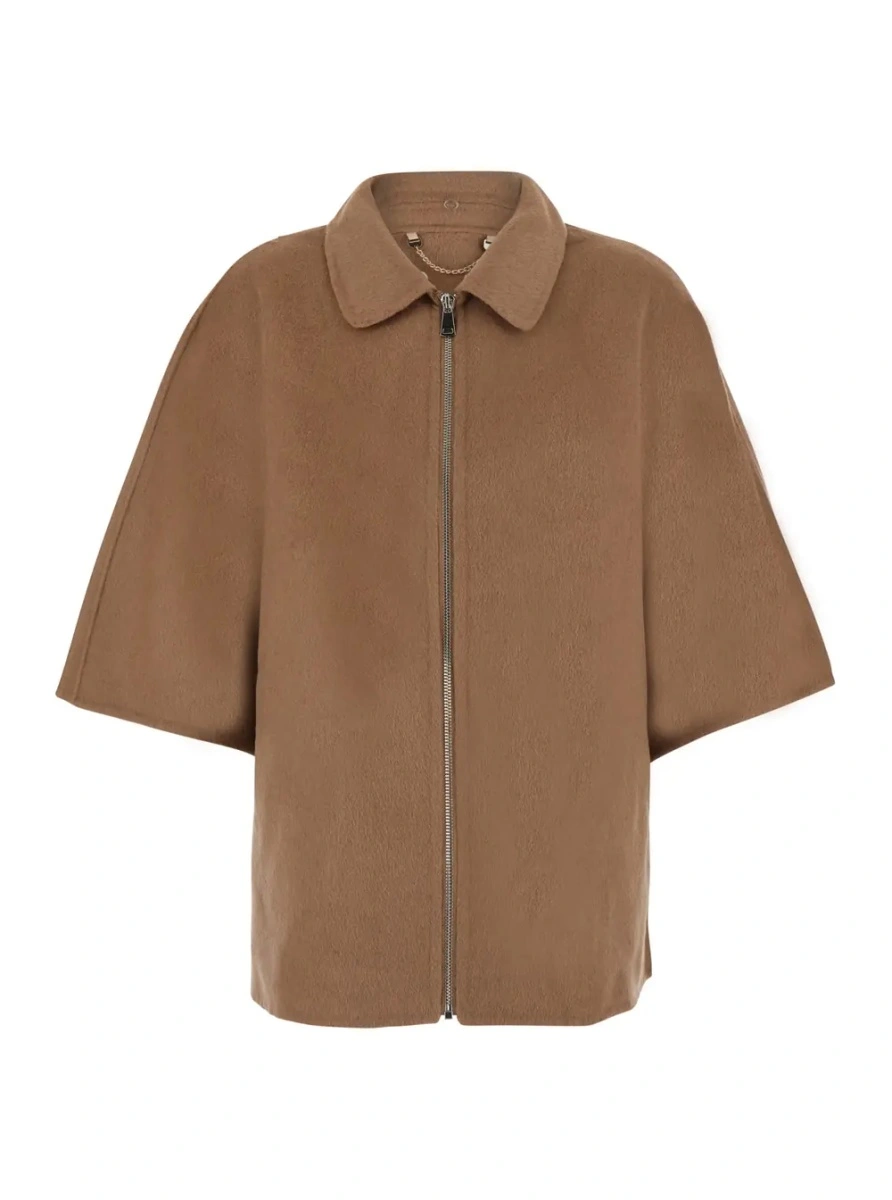 Palton Beige fur coat with removable fur collar and wide short sleeves in eco fur for women - Img 4
