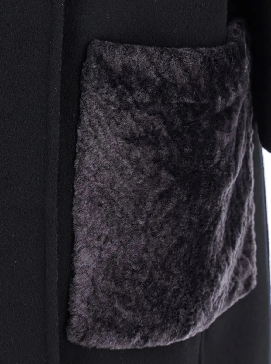 Palton Black Crewneck Coat with Puffed Sleeves and Two Front Shearling Pockets in Wool Blend Woman - Img 3