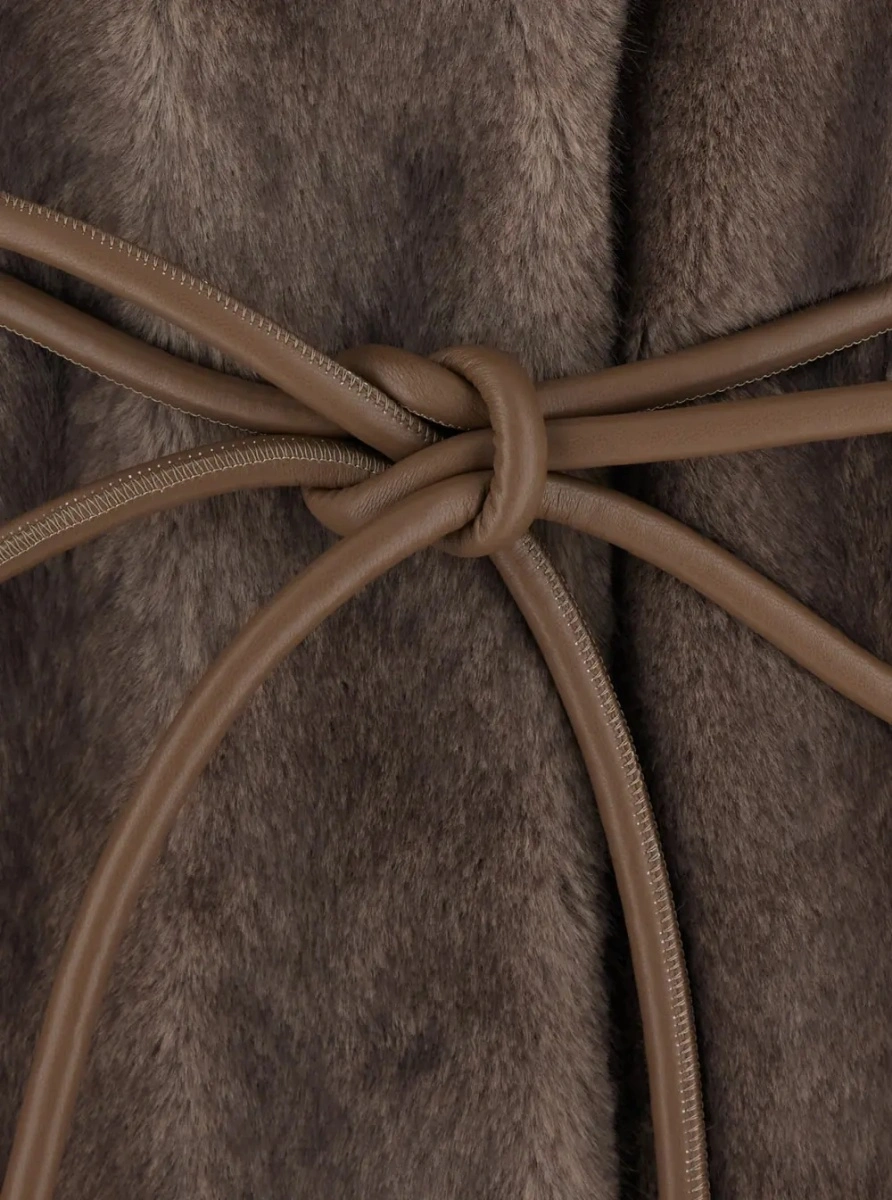 Palton Brown Shearling coat with wide collar and front belt in ecofur for women - Img 3