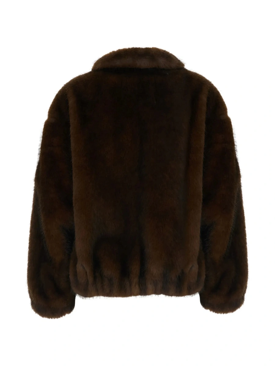 Palton Brown shearling coat with wide collar and long sleeves in ecofur for women - Img 4