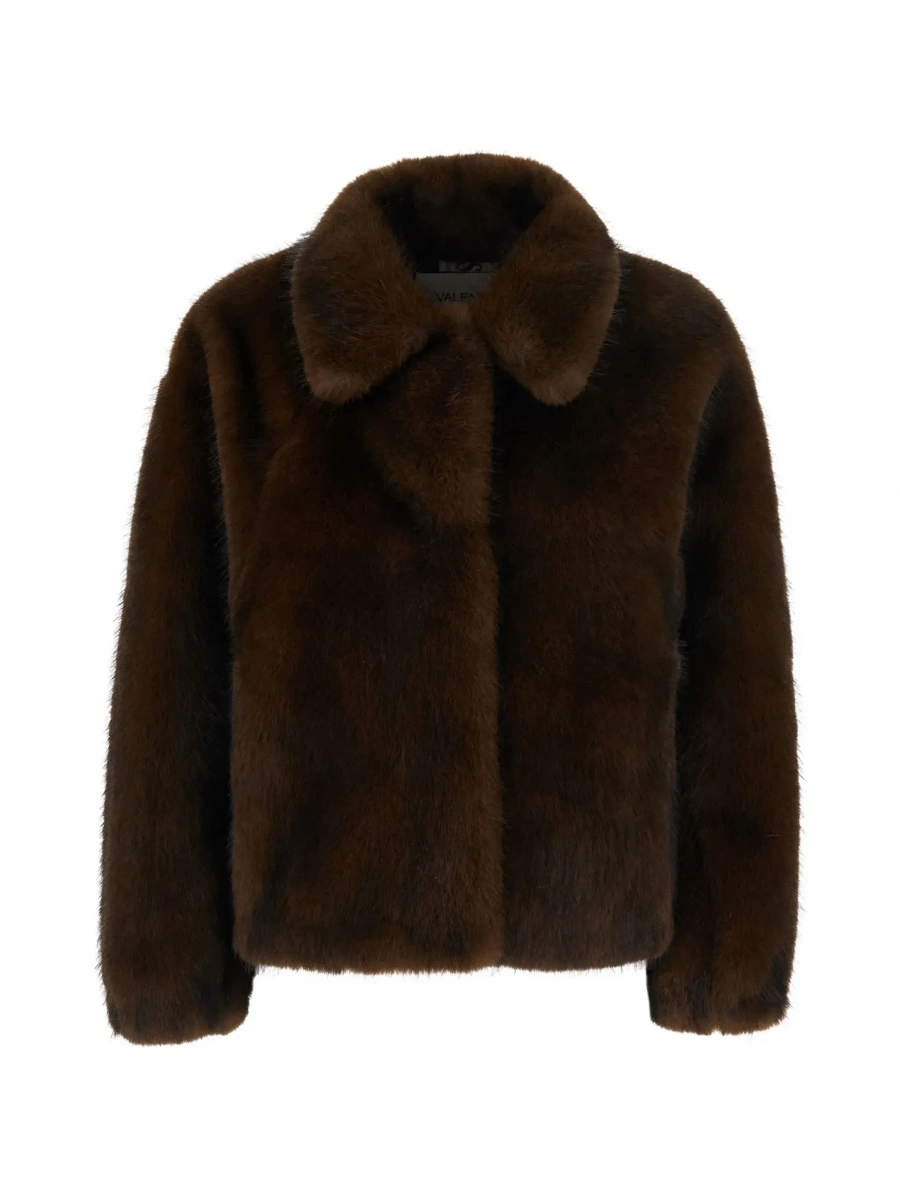 Palton Brown shearling coat with wide collar and long sleeves in ecofur for women - Img 6