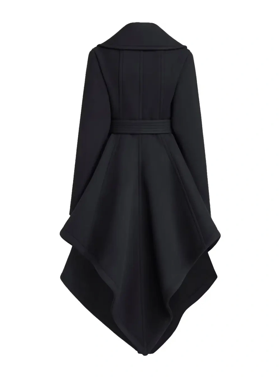 Palton Wrap coat with collar and long sleeves in black wool for women - Img 2