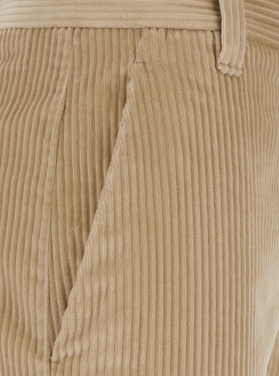 Pantaloni Beige High-waisted Pants with Monile on the Belt Loop and Wide Leg in Corduroy for Women - Img 3