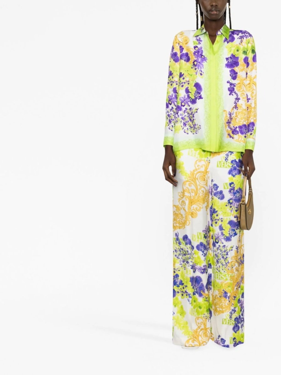 Pantaloni evazati Versace Baroque albi din vascoza - Img 2