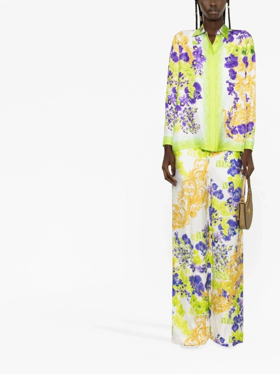 Pantaloni evazati Versace Baroque albi din vascoza - Img 2