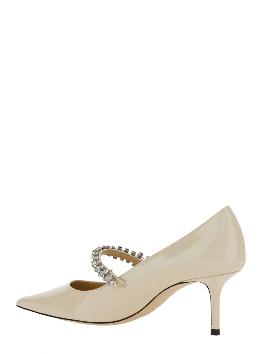 Pantofi Pumps 'Bing' with Crystal Decoration and High Cone Heel in White Glossy Leather for Women - Img 3
