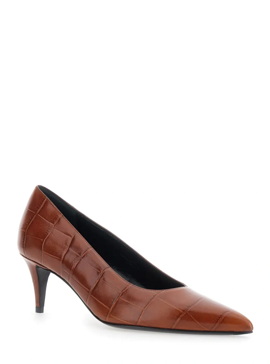 Pantofi Pumps Brown with Rounded Toe in Leather - Img 2