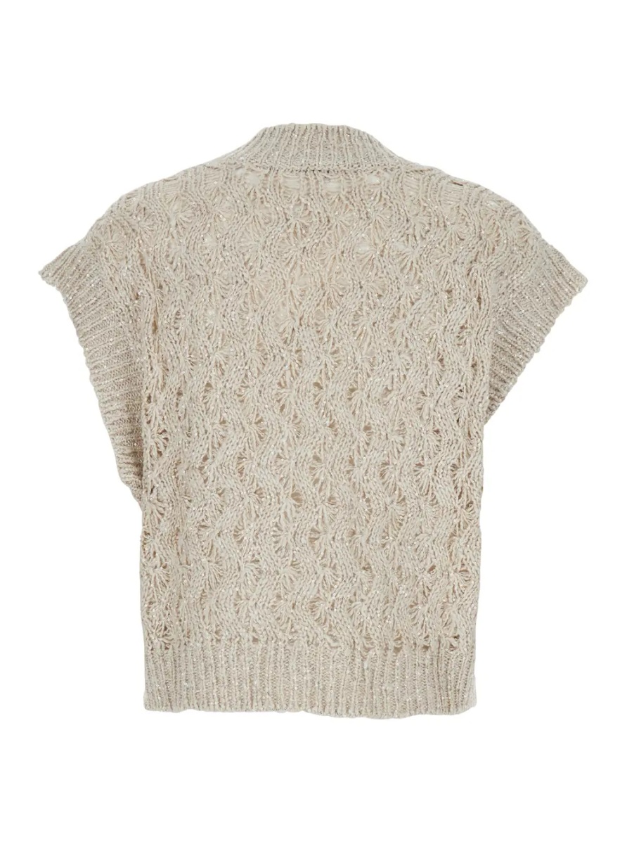 Pulover Beige Vest with V-neck and Sequin Detail in Silk and Linen Blend for Women - Img 2
