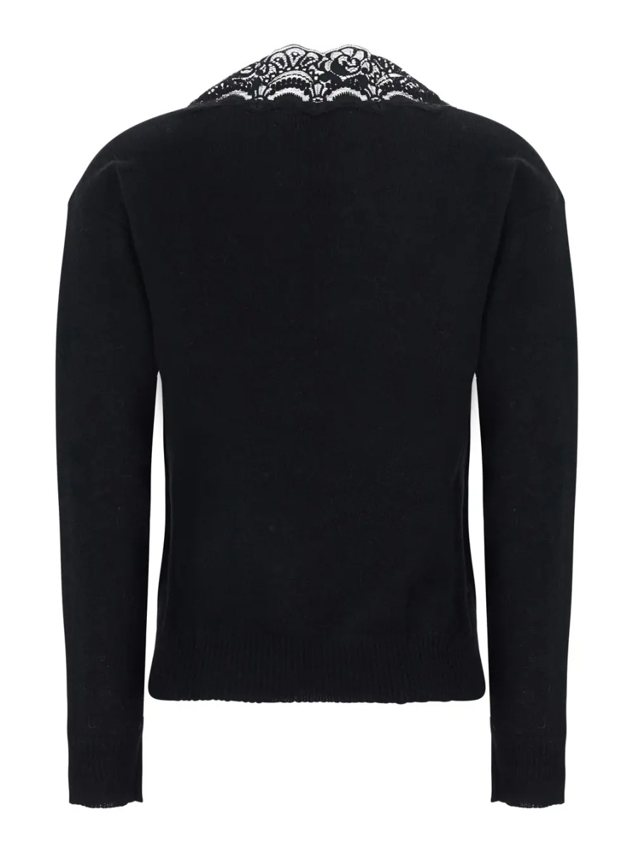Pulover Black Sweater with V Neck with Lace Embroidery in Wool Blend for Women - Img 2