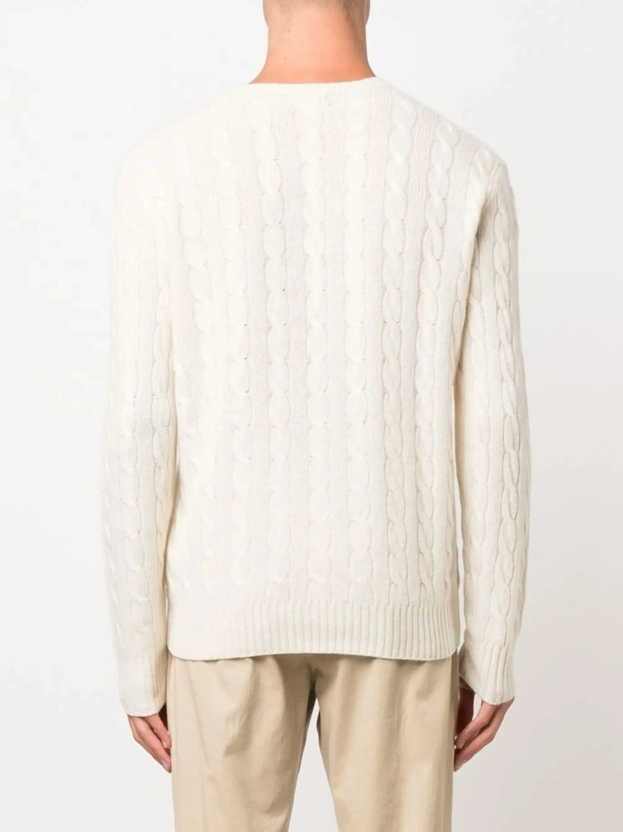 Pulover Crewneck Sweater with Braided Knit and Pony Embroidery on the Front in Wool and Cashmere White Men - Img 6