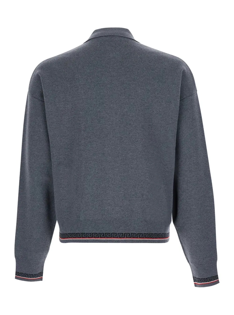 Pulover Grey Sweater with classic collar and Greca detail on the front in wool for men - Img 2