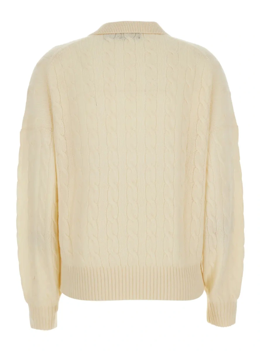 Pulover White Sweater with classic collar and cable knit in wool and cashmere for women - Img 2