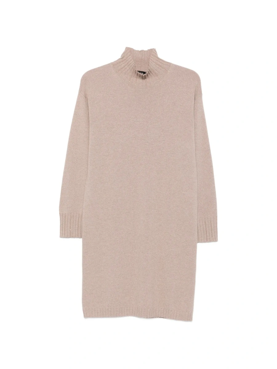 Rochii beige Dress with high collar and rhinestone details in wool and silk Blend women - Img 8