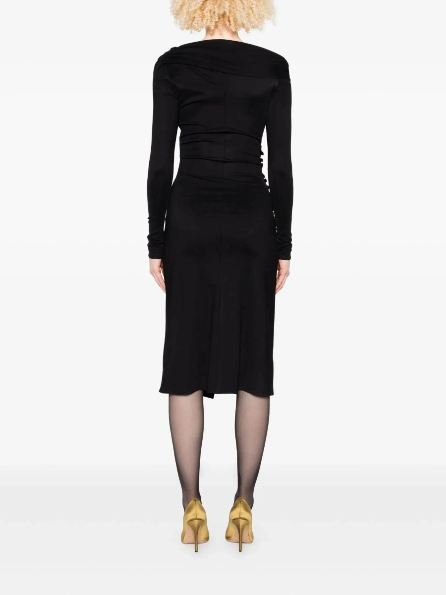 Rochii Black Draped Dress with Asymmetric Hem and V Neck in Viscose Stretch Woman - Img 5