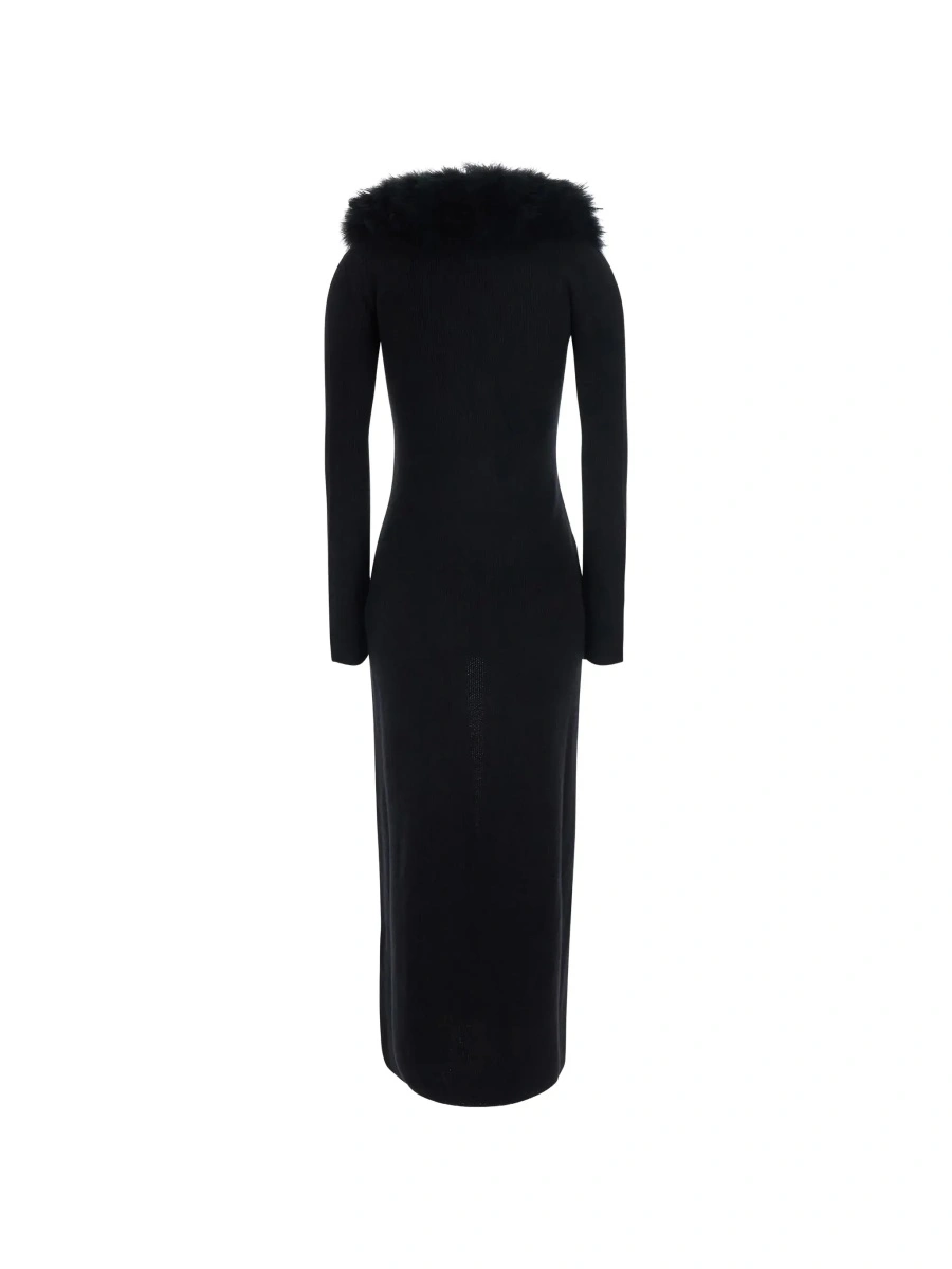 Rochii Black Long Dress with High Fur Collar in Wool for Women - Img 5