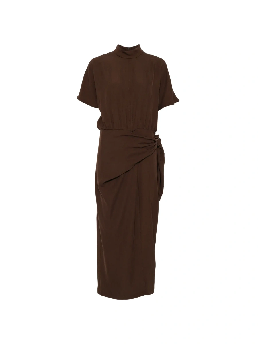 Rochii Brown High-Neck Dress with Front Buckle Belt in Fabric for Women - Img 8