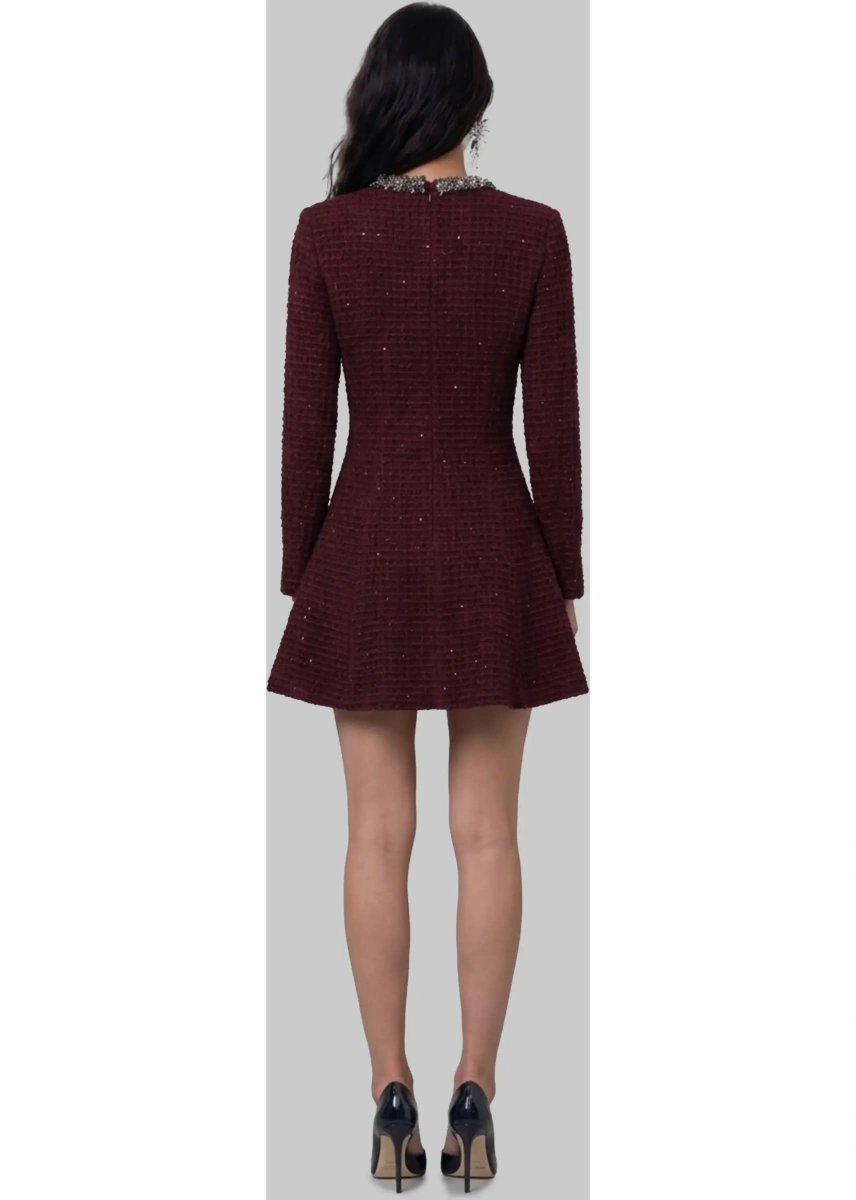 Rochii Burgundy Textured Knit Embellished Mini Dress - Img 3