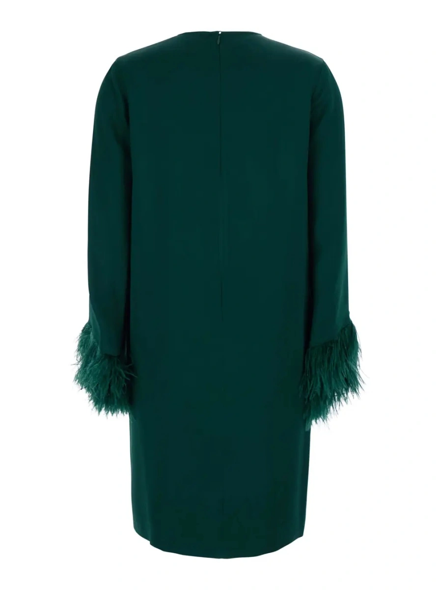 Rochii 'Violetta' Green Dress with Long Sleeves and Feather Details in Satin for Women - Img 2