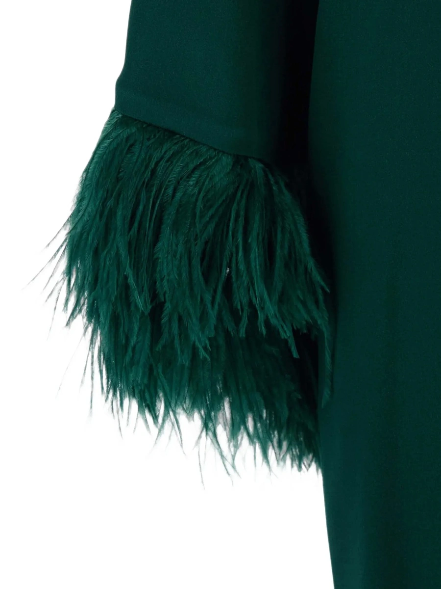 Rochii 'Violetta' Green Dress with Long Sleeves and Feather Details in Satin for Women - Img 5