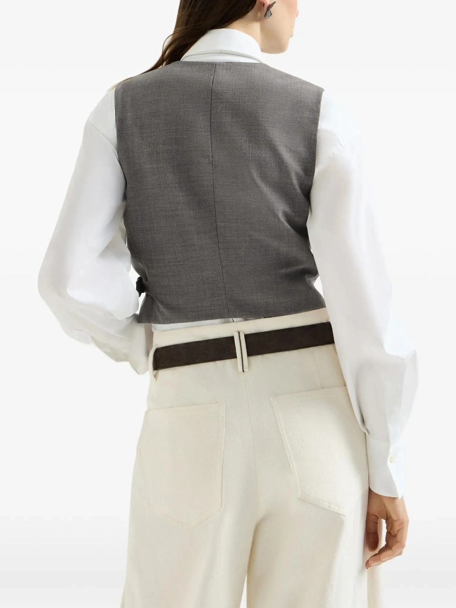 Topuri Grey Sleeveless top with V-neck and side buckle closure in wool blend for women - Img 6