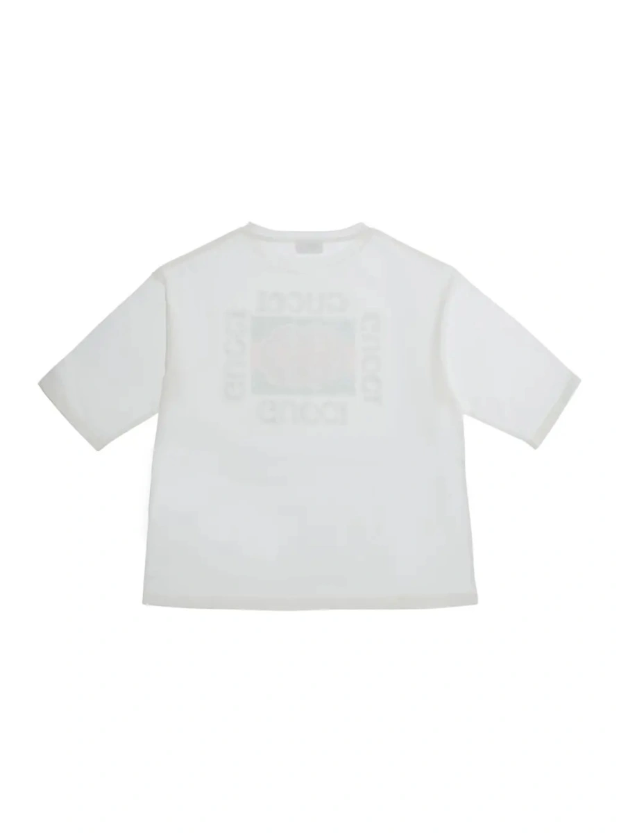 Tricou Gucci alb din bumbac cu logo maxi imprimat pe piept - Img 2