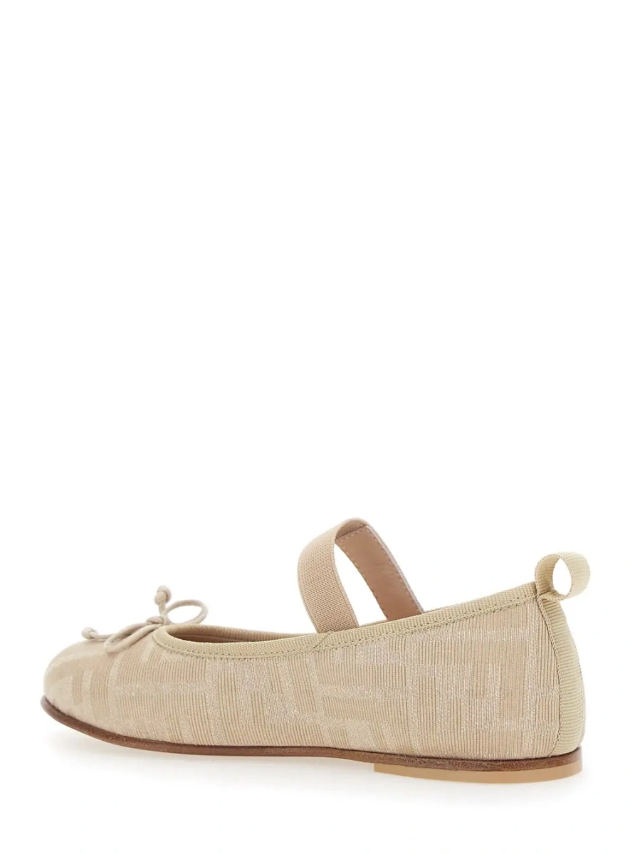 Balerini FF Ballet Shoes with Logo Strap and All-Over FF Motif in Beige Fabric for Girls - Img 3